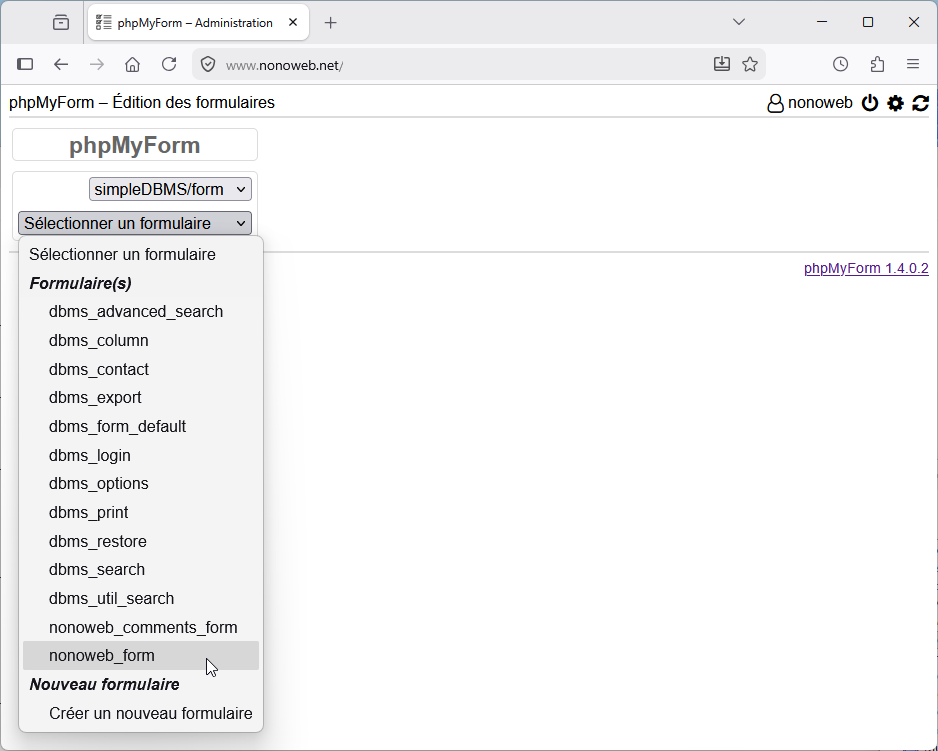 phpMyForm : Sélection formulaire
