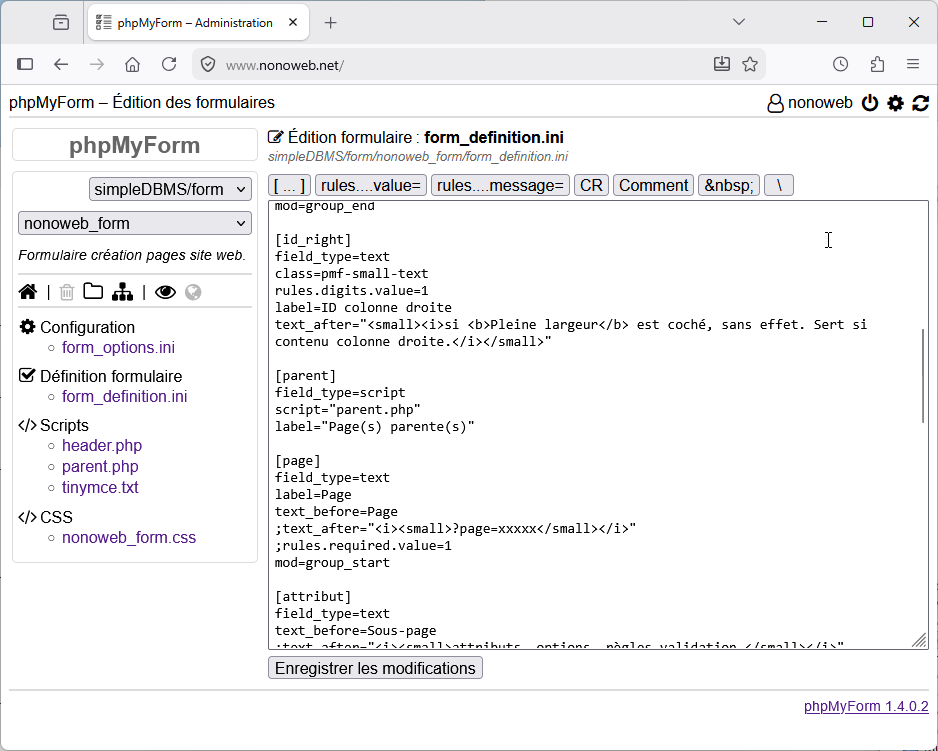 phpMyForm : Edition du fichier form_definition.ini