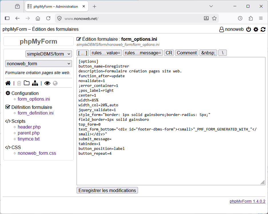 phpMyForm : Edition du fichier form_options.ini