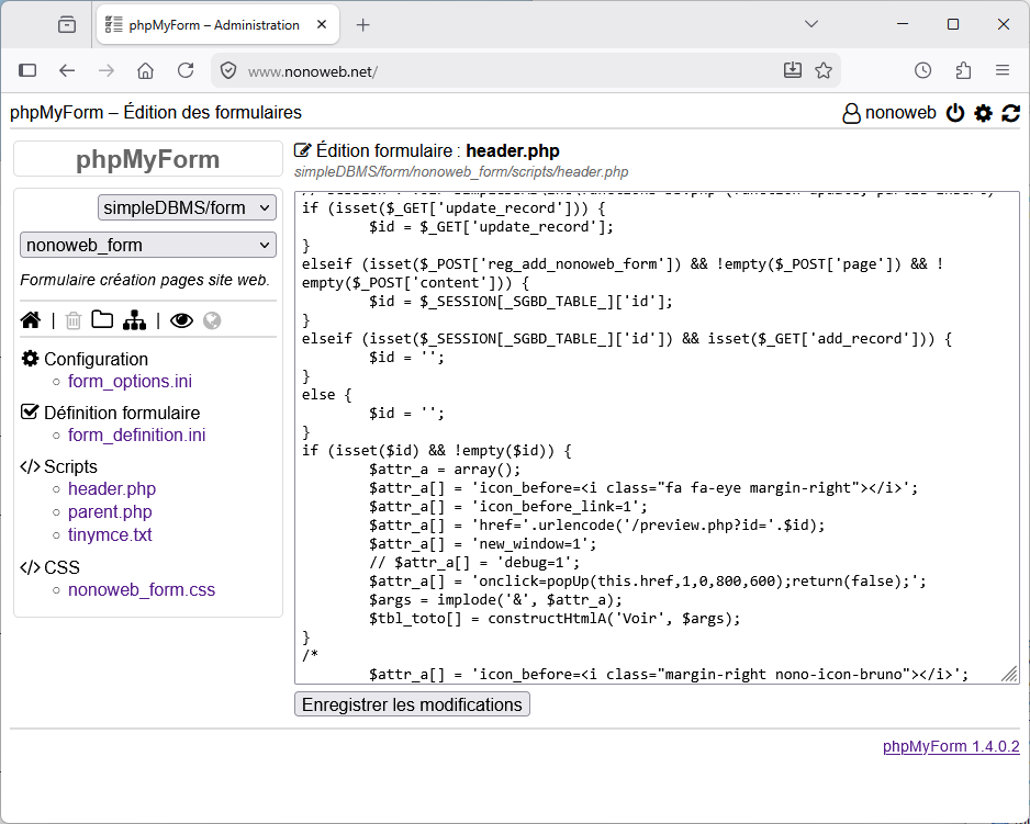 phpMyForm : Edition d'un fichier PHP