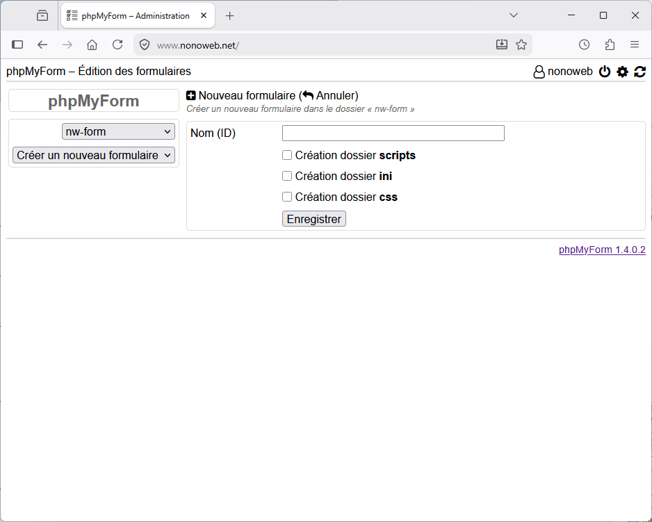 phpMyForm : Création d'un nouveau formulaire