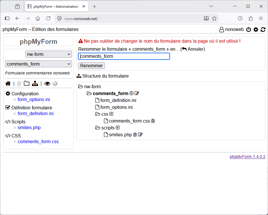 phpMyForm : Renommer un formulaire