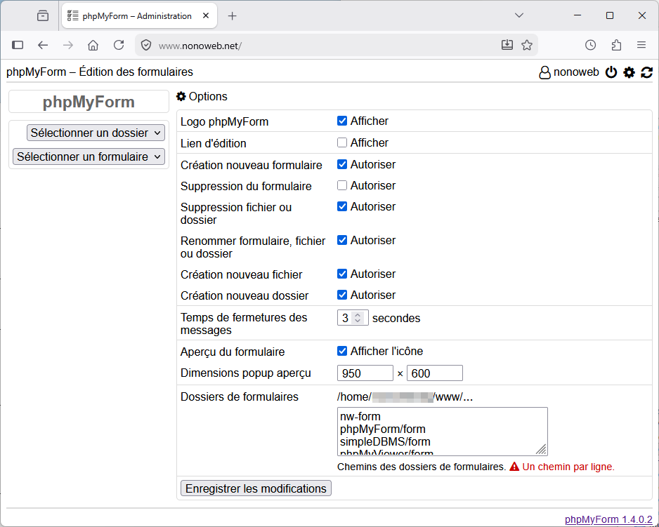 phpMyForm : Page options
