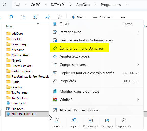 Epingler au menu démarrer